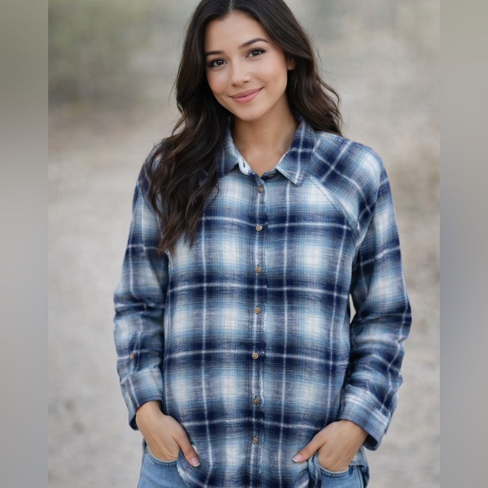 NWT Lucky Brand Frayed Plaid Flannel Shirt Blue Ombre Gradient XS